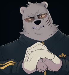 Rule 34 | 1boy, angry, bear boy, black background, black track suit, clenched teeth, cracking knuckles, facial scar, facing viewer, furry, furry male, glasses, highres, looking at viewer, odd taxi, omochiutyu, scar, scar on cheek, scar on face, sekiguchi (odd taxi), snout, solo, teeth, track suit, uneven eyes, v-shaped eyebrows, veins, white fur