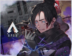 Rule 34 | 1girl, animification, apex legends, black hair, black scarf, blood, blood on face, blue eyes, copyright name, electricity, fence, floating scarf, gloves, grey gloves, hair behind ear, hair bun, holding, holding knife, iyo (nanaka-0521), knife, kunai, logo, looking down, nose piercing, open mouth, parted bangs, piercing, scarf, single hair bun, solo, weapon, wraith (apex legends)
