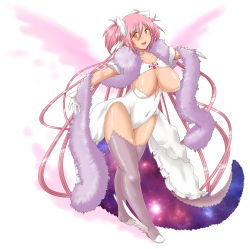 Rule 34 | 10s, 1girl, blush, bow, breasts, choker, cleavage, dress, feather boa, feathered wings, gloves, hair bow, highres, kaname madoka, large breasts, long hair, looking at viewer, mahou shoujo madoka magica, mahou shoujo madoka magica (anime), oman (evld), open mouth, pink hair, pink thighhighs, scarf, skindentation, smile, solo, space, thighhighs, two side up, ultimate madoka, white dress, white gloves, wings, yellow eyes