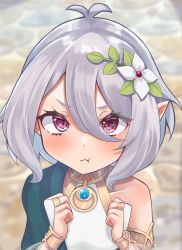 Rule 34 | 1girl, :t, absurdres, antenna hair, blurry, blurry background, blush, clenched hands, cobblestone, commentary request, detached sleeves, dress, flower, furrowed brow, hair between eyes, hair flower, hair ornament, highres, kokkoro (princess connect!), looking at viewer, looking up, medium hair, muromachi atsushi, pointy ears, pout, princess connect!, purple eyes, sidelocks, silver hair, single bare shoulder, solo, white dress