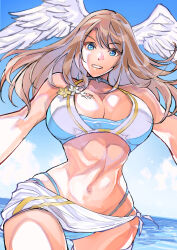 Rule 34 | 1girl, absurdres, bare arms, bare shoulders, black choker, blue eyes, breast tattoo, breasts, choker, cleavage, commentary, cowboy shot, eunie (xenoblade), facing viewer, highres, large breasts, light brown hair, navel, official alternate costume, parted lips, smile, solo, swimsuit, tattoo, teeth, ug333333, xenoblade chronicles (series), xenoblade chronicles 3