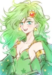 Rule 34 | 1girl, aged up, breasts, detached sleeves, dress, earrings, final fantasy, final fantasy iv, green eyes, green hair, hair ornament, jewelry, long hair, looking at viewer, open mouth, rydia (ff4), sa kichi, simple background, smile, solo, white background