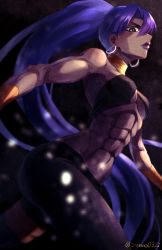 Rule 34 | 1girl, abs, assassin (fate/zero), bare shoulders, breasts, choker, commentary request, dark-skinned female, dark skin, earrings, fate/grand order, fate/zero, fate (series), female assassin (fate/zero), hoop earrings, jewelry, long hair, looking at viewer, muscular, muscular female, navel, ponytail, purple hair, purple lips, small breasts, solo, soraao0322, twitter username