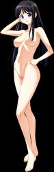 Rule 34 | 1girl, baldr sky zero, barefoot, black hair, breasts, censored, completely nude, feet, full body, hand on own hip, hand to head, highres, large breasts, long hair, looking at viewer, mosaic censoring, navel, nipples, nude, parted lips, purple eyes, pussy, shizuno sakura, smile, solo, standing, toes, transparent background, tsunashima shirou