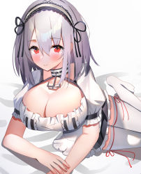 Rule 34 | 1girl, aa44, absurdres, anchor choker, apron, azur lane, breasts, cleavage, frilled apron, frills, hair between eyes, hairband, highres, lace-trimmed hairband, lace trim, large breasts, lying, on side, puffy short sleeves, puffy sleeves, red eyes, short hair, short sleeves, sirius (azur lane), solo, thighhighs, white apron, white hair, white thighhighs, zettai ryouiki