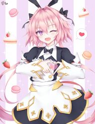 Rule 34 | 1boy, animal ears, artist logo, astolfo (fate), astolfo (saber) (fate), black bow, black bowtie, black gloves, black thighhighs, bow, bowtie, cake, cake slice, fake animal ears, fang, fate/grand order, fate (series), food, fruit, gloves, hair bow, hair intakes, heart, heart hands, light blush, long hair, low twintails, macaron, maid, multicolored hair, pink hair, pong (vndn124), purple eyes, rabbit ears, simple background, skin fang, solo, sparkle, spoken heart, strawberry, strawberry cake, streaked hair, striped background, thighhighs, trap, twintails, very long hair, white hair, wing collar