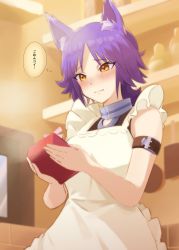 Rule 34 | 1girl, absurdres, animal ear fluff, animal ears, apron, arm strap, bare shoulders, blush, box, breasts, collar, gift, gift box, highres, large breasts, makoto (princess connect!), medium hair, metal collar, princess connect!, purple hair, sidelocks, solo, split mouth, thought bubble, translated, valentine, white apron, wolf ears, wolf girl, yamabuki0, yellow eyes