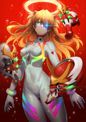 Rule 34 | 1girl, artist request, bodysuit, breasts, covered navel, curvy, eva 02, evangelion: 3.0+1.0 thrice upon a time, eyepatch, gradient background, green eyes, halo, helmet, highres, long hair, looking at viewer, medium breasts, neon genesis evangelion, orange hair, parted lips, plugsuit, rebuild of evangelion, red background, skin tight, solo, souryuu asuka langley, turtleneck, twintails, two side up