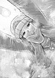 Rule 34 | 1girl, absurdres, beanie, blank eyes, buttons, chouku tetsushitsuiwa, closed mouth, coat, creatures (company), dawn (pokemon), from below, frown, furrowed brow, game freak, greyscale, hair ornament, hat, highres, lamppost, long hair, long sleeves, looking at viewer, looking down, monochrome, nintendo, outdoors, outstretched arms, poke ball print, pokemon, pokemon dppt, pokemon platinum, print headwear, rain, sad, scarf, sidelocks, solo, wet