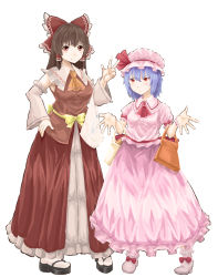 Rule 34 | 2girls, ascot, bag, black footwear, blouse, blush, bow, breasts, brown eyes, brown hair, closed mouth, commentary request, cookie (touhou), detached sleeves, expressionless, footwear bow, frilled bow, frilled hair tubes, frilled shirt collar, frilled skirt, frills, full body, haiperion buzan, hair between eyes, hair bow, hair tubes, hakurei reimu, hand on own hip, hat, hat ribbon, highres, kanna (cookie), long skirt, looking at viewer, medium breasts, mob cap, multiple girls, pink shirt, pink skirt, puffy short sleeves, puffy sleeves, purple hair, red ascot, red bow, red eyes, red ribbon, red shirt, red skirt, remilia scarlet, ribbon, ribbon trim, sakura (cookie), sandals, shirt, short hair, short sleeves, simple background, skirt, sleeveless, sleeveless shirt, small breasts, smile, socks, standing, touhou, w, white background, white sleeves, white socks, wrist cuffs, yellow ascot, yellow bow, zouri