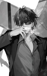 Rule 34 | 1boy, arm up, cigarette, collarbone, collared shirt, cowboy shot, greyscale, hou (ppo), jacket, large cross, long sleeves, looking at viewer, male focus, monochrome, mouth hold, nicholas d. wolfwood, partially unbuttoned, shirt, short hair, smoking, solo, standing, sunglasses, trigun, trigun stampede