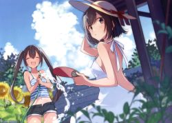 Rule 34 | 2girls, ^ ^, absurdres, arm up, backless dress, backless outfit, black eyes, black hair, black shorts, blue sky, breasts, cleavage, closed eyes, cloud, day, dress, flower, hand fan, hat, hat ribbon, highres, holding, holding fan, long hair, looking at viewer, looking back, medium breasts, midriff, multiple girls, navel, one-piece tan, open clothes, open mouth, open shorts, original, outdoors, red ribbon, ribbon, shirt, short hair, short shorts, shorts, sideboob, sky, sleeveless, sleeveless dress, small breasts, smile, stomach, striped clothes, striped shirt, sun hat, sundress, sunflower, tan, tank top, tanline, twintails, u35, water, white dress, white hat, yellow flower