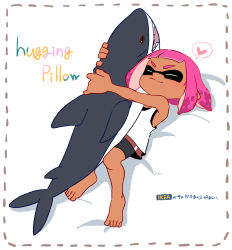Rule 34 | 1girl, artist name, barefoot, bed sheet, bike shorts, black shorts, blunt bangs, border, brown border, closed eyes, closed mouth, commentary request, coula cat, dotted line, english text, heart, highres, holding, holding stuffed toy, hug, ikea, ikea shark, inkling, inkling girl, inkling player character, long hair, lying, nintendo, on back, on bed, pointy ears, shadow, shirt, short hair, shorts, signature, smile, solo, splatoon (series), splatoon 2, spoken heart, stuffed animal, stuffed shark, stuffed toy, tan, tank top, tentacle hair, translated, white shirt