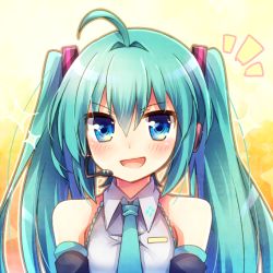 Rule 34 | 1girl, ahoge, bad id, bad nicoseiga id, blue eyes, detached sleeves, green hair, hatsune miku, headset, looking at viewer, moe on drop, necktie, open mouth, solo, twintails, upper body, vocaloid