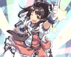 Rule 34 | 10s, 1girl, antenna hair, arm up, black hair, double bun, gloves, hair bun, highres, holding, holding microphone, kantai collection, looking at viewer, microphone, naka (kancolle), naka kai ni (kancolle), necktie, normaland, one eye closed, open mouth, pointing, short sleeves, solo, star (symbol), twintails, yellow eyes
