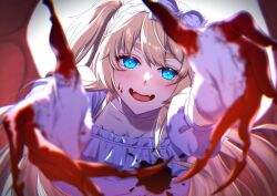 Rule 34 | 1girl, blonde hair, blood, blood on clothes, blood on face, blood on hands, blue eyes, blush, bow, breasts, choker, cross, demon wings, dress, fangs, fingernails, frilled dress, frills, gloves, hair between eyes, hair bow, hime hajime, large breasts, long hair, looking at viewer, one side up, open mouth, puffy short sleeves, puffy sleeves, reaching, reaching towards viewer, red wings, sharp fingernails, short sleeves, smile, solo, thick eyebrows, tongue, ursn e, very long fingernails, virtual youtuber, vshojo, white background, white bow, white choker, white dress, white gloves, white headdress, wings