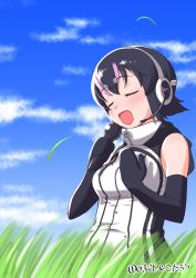 Rule 34 | 1girl, bare shoulders, black gloves, black hair, black sweater, commentary request, elbow gloves, closed eyes, eyes visible through hair, gloves, grass, headphones, high collar, highres, humboldt penguin (kemono friends), kemono friends, kemono friends v project, microphone, music, open mouth, penguin girl, pink hair, short hair, singing, sleeveless, solo, sweater, taguchi makoto, two-tone sweater, upper body, virtual youtuber, white sweater