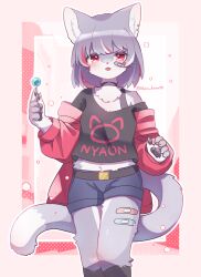 Rule 34 | 1girl, absurdres, animal ear fluff, animal ears, animal hands, animal nose, ankle socks, bandaid, bandaid on face, bandaid on leg, belt, beru (kuro kemo28), black belt, black shirt, black socks, black straps, blue shorts, candy, cat ears, cat girl, cat paws, cat tail, food, furry, furry female, grey fur, grey hair, highres, holding, holding candy, holding food, jacket, looking at viewer, multicolored hair, original, pawpads, red eyes, red hair, red jacket, shirt, short hair, shorts, signature, socks, solo, tail, tongue, tongue out, white fur