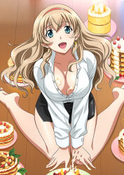 Rule 34 | 1girl, :d, bare legs, barefoot, black skirt, blue eyes, breasts, cleavage, collarbone, dress shirt, earrings, from above, hair between eyes, hairband, ikkitousen, jewelry, large breasts, light brown hair, long hair, long sleeves, looking at viewer, looking up, magatama, magatama earrings, miniskirt, open clothes, open mouth, open shirt, partially unbuttoned, pencil skirt, red hairband, shirt, side slit, sitting, skirt, smile, solo, sonken chuubou, very long hair, wariza, white shirt, wooden floor