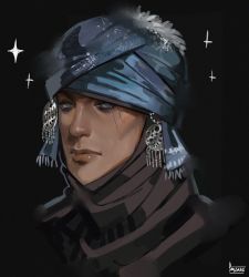 Rule 34 | 1boy, absurdres, blue eyes, closed mouth, elden ring, highres, looking at viewer, male focus, portrait, scar, scar across eye, scar on face, signature, solo, sparkle, tarnished (elden ring), turban, warrior (elden ring), yen (yenyenyen19)