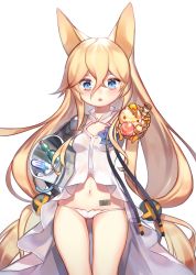 Rule 34 | 1girl, animal ears, barcode, barcode tattoo, blonde hair, blue eyes, blush, breasts, bucket, commentary, dress, food, fox ears, g41 (girls&#039; frontline), gamathx, girls&#039; frontline, gloves, hair between eyes, hair ornament, highres, holding, holding food, ice, ice bucket, ice cream, long hair, looking at viewer, low twintails, navel, orange gloves, outstretched arm, panties, parted lips, popsicle, ramune, reaching, simple background, small breasts, solo, tattoo, twintails, underwear, very long hair, wafer stick, white background, white dress, white panties