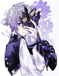 Rule 34 | 1boy, blue eyes, fate/grand order, fate (series), fingerless gloves, flower, prince of lan ling (fate), gloves, hair between eyes, highres, horned mask, kaa, male focus, mask, unworn mask, open mouth, short hair, silver hair, solo