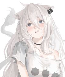 Rule 34 | 1girl, 9tk9m, ahoge, animal ear piercing, animal ears, black choker, blush, breasts, choker, cleavage, fang, grey eyes, grey hair, hair between eyes, highres, hololive, jewelry, large breasts, lion ears, lion girl, lion tail, long hair, loose clothes, loose shirt, necklace, off-shoulder shirt, off shoulder, official alternate costume, shirt, shishiro botan, shishiro botan (casual), short sleeves, shoulder blush, sidelocks, single bare shoulder, t-shirt, tail, upper body, virtual youtuber, white background, white shirt