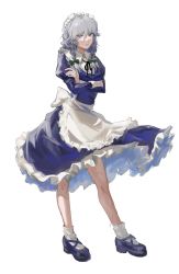 Rule 34 | 1girl, :/, absurdres, apron, black ribbon, blue dress, blue eyes, blue footwear, bow, braid, closed mouth, collared shirt, crossed arms, dress, fingernails, frilled dress, frills, full body, green bow, green hair, hair between eyes, hair bow, highres, izayoi sakuya, juliet sleeves, lips, long hair, long sleeves, looking at viewer, maid, maid headdress, neck ribbon, puffy sleeves, ribbon, shirt, shoes, skavod, sleeve cuffs, socks, solo, standing, touhou, transparent background, twin braids, v-shaped eyebrows, waist apron, white apron, white shirt, white socks