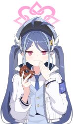 Rule 34 | 1girl, absurdres, antenna hair, blue archive, blue hair, blue necktie, blush, closed mouth, doughnut, food, fubuki (blue archive), grey hair, halo, highres, holding, holding food, jacket, long hair, long sleeves, looking at viewer, multicolored hair, necktie, nord (expc4752), open clothes, open jacket, pink halo, red eyes, simple background, solo, streaked hair, suggestive fluid, twintails, upper body, white background, white jacket