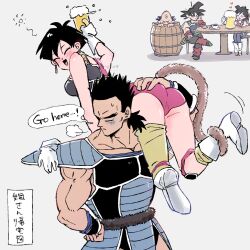 2girls 3boys alcohol armor ass bardock barrel beer beer_mug black_hair blush closed_eyes crossed_legs cup dragon_ball dragon_ball_minus dragonball_z drunk english_text gine heart highres ireba_sui mixed-language_text monkey_tail mug multiple_boys multiple_girls open_mouth saiyan_armor seripa shoulder_armor simple_background sitting smile sweatdrop table tail toma_(dragon_ball) toteppo translation_request white_background white_footwear