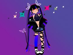 Rule 34 | 1girl, alternate eye color, black footwear, black hair, black jacket, black ribbon, black shirt, blunt bangs, blush, boots, breasts, c:, closed mouth, commentary request, crop top, demon girl, demon horns, demon tail, full body, gradient background, head tilt, horns, jacket, kojo anna, kojo anna (1st costume), leg ribbon, long hair, long sleeves, looking at viewer, medium breasts, midriff, multicolored footwear, multicolored hair, nanashi inc., navel, off shoulder, open clothes, open jacket, orange eyes, pointy ears, purple background, purple hair, purple thighhighs, ribbon, shibatoro, shirt, single thighhigh, sleeveless, sleeveless shirt, smile, solo, sparkle, sugar lyric, tail, thigh strap, thighhighs, twintails, two-tone hair, virtual youtuber, white footwear, zipper