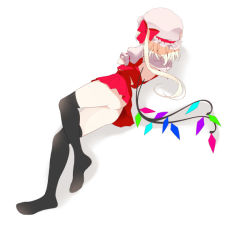 Rule 34 | 1girl, ass, bare back, black thighhighs, blonde hair, bow, female focus, flandre scarlet, from behind, full body, hair bow, hat, head rest, lying, no panties, on side, oouso, short hair, side ponytail, simple background, skirt, skirt set, solo, thighhighs, touhou, white background, wings