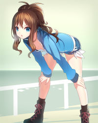 Rule 34 | 10s, 1girl, bare legs, blue eyes, blue jacket, boots, borrowed clothes, brown hair, cowboy shot, creatures (company), denim, dot nose, downblouse, flat chest, foot out of frame, game freak, green background, highres, hilda (pokemon), jacket, leaning forward, legs apart, looking at viewer, medium hair, nintendo, parted lips, pokemon, pokemon bw, ponytail, ririko (zhuoyandesailaer), shirt, short shorts, shorts, sidelighting, solo, standing, tareme, v-shaped eyebrows, white shirt
