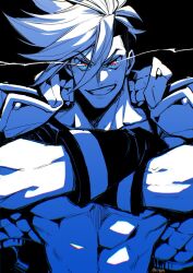 Rule 34 | 1boy, black background, blue eyes, blue theme, coat, coat on shoulders, crossed arms, eye trail, galo thymos, gloves, grin, highres, light trail, male focus, promare, red pupils, signature, smile, takatsuki ichi, topless male