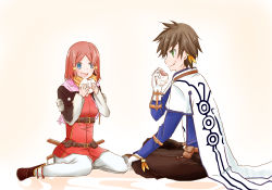 Rule 34 | 10s, 1boy, 1girl, belt, blue eyes, blush, breasts, brown hair, capelet, earrings, eating, feathers, food, gloves, gradient background, green eyes, hair ornament, highres, hood, jacket, jewelry, open mouth, pants, red hair, rose (tales), scarf, shoes, short hair, sorey (tales), tales of (series), tales of zestiria, weapon