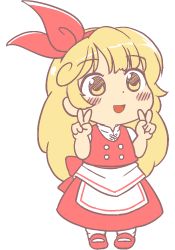 Rule 34 | 1girl, apron, artist request, blonde hair, blush, bow, buttons, chibi, double v, ellen (touhou), full body, gyate gyate, hair bow, hairband, happy, long hair, mary janes, open mouth, puffy short sleeves, puffy sleeves, red bow, red footwear, red hairband, red skirt, red vest, shirt, shoes, short sleeves, skirt, standing, touhou, touhou (pc-98), transparent background, v, very long hair, vest, waist apron, white apron, white legwear, white shirt, yellow eyes