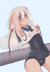 Rule 34 | 1girl, absurdres, armpits, black one-piece swimsuit, black sailor collar, blonde hair, blouse, blue eyes, cowboy shot, crop top, flower, hair flower, hair ornament, highres, kantai collection, looking at viewer, mizunototori, one-piece swimsuit, one-piece tan, ro-500 (kancolle), sailor collar, school swimsuit, shirt, sleeveless, solo, swimsuit, swimsuit under clothes, tan, tanline, torpedo launcher, white shirt, wide hips