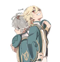 Rule 34 | 2boys, aged down, akademiya uniform, alhaitham (genshin impact), antenna hair, artist name, blonde hair, closed mouth, commentary request, earrings, eyelashes, genshin impact, gold trim, green eyes, green headwear, green jacket, grey hair, grin, hair between eyes, hair over one eye, hand on own hip, hand up, hat, unworn hat, unworn headwear, highres, holding, holding clothes, holding hat, jacket, jewelry, kaveh (genshin impact), long hair, long sleeves, looking at viewer, male focus, multiple boys, open clothes, open jacket, parted bangs, red eyes, short hair, sidelocks, sideways glance, simple background, smile, teeth, twitter username, white background, yzwn89