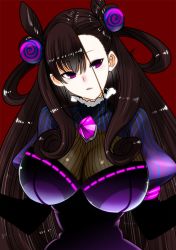 Rule 34 | 1girl, black hair, breasts, cleavage, cone hair bun, dress, fate/grand order, fate (series), hair bun, hair ornament, large breasts, long hair, looking at viewer, murasaki shikibu (fate), parted lips, perepere-kun, purple eyes, red background, see-through, simple background, solo, very long hair