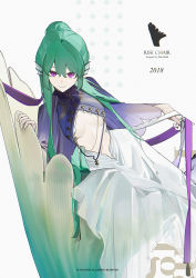 1girl artist_name blue_dress breasts chair character_name clothing_cutout commentary dress english_text finana_ryugu fins fish_girl green_hair hair_between_eyes head_fins highres k00s long_hair looking_at_viewer navel nijisanji nijisanji_en ponytail purple_eyes purple_ribbon ribbon sitting small_breasts smile solo stomach_cutout underboob very_long_hair virtual_youtuber watermark white_background white_dress