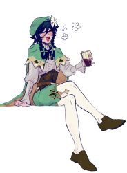 Rule 34 | 1boy, alcohol, androgynous, argyle, argyle clothes, argyle legwear, beret, black hair, blue hair, blush, bow, braid, brooch, brown pantyhose, cape, closed eyes, collared cape, commentary, corset, crossed legs, cup, english commentary, flower, frilled sleeves, frills, genshin impact, glass, gradient hair, green hat, green shorts, hair flower, hair ornament, hat, highres, holding, holding cup, jewelry, long sleeves, male focus, multicolored hair, noredemptionarc, open mouth, pantyhose, shirt, shoes, short hair with long locks, shorts, sitting, smile, solo, twin braids, venti (genshin impact), white background, white flower, white pantyhose, white shirt, wine