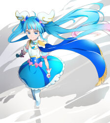 Rule 34 | 1girl, blue cape, blue dress, blue eyes, blue hair, blue theme, cape, commentary request, cure sky, dress, eyelashes, gloves, hair ornament, highres, hirogaru sky! precure, kakiuchi itsuki, long hair, looking at viewer, magical girl, precure, serious, simple background, smoke, solo, sora harewataru, standing, twintails, white background