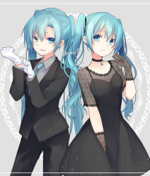 Rule 34 | 2girls, adjusting clothes, adjusting gloves, aqua eyes, aqua hair, black dress, collar, commentary, dress, dual persona, formal, gloves, hair ribbon, hand up, hands up, hatsune miku, jewelry, kuroi (liar-player), lace sleeves, long hair, looking at viewer, multiple girls, necktie, pant suit, pants, pendant, ribbon, side-by-side, smile, suit, tuxedo, twintails, twitter username, upper body, very long hair, vocaloid