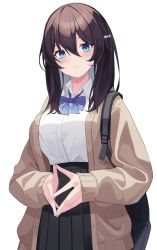 Rule 34 | 1girl, backpack, bag, black skirt, blue eyes, blush, bow, breasts, brown cardigan, brown hair, cardigan, closed mouth, collared shirt, commentary request, dress shirt, hair between eyes, hair bow, highres, long hair, long sleeves, looking at viewer, medium breasts, mizu (lzzrwi603), open cardigan, open clothes, original, pleated skirt, school uniform, shirt, simple background, skirt, sleeves past wrists, solo, steepled fingers, white background, white bow, white shirt