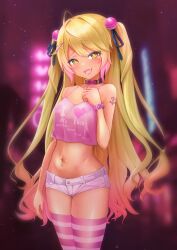 Rule 34 | 1girl, absurdres, ahoge, alternate costume, alternate hair color, alternate skin color, amamiya kokoro, armpit crease, bell, blonde hair, blush, breasts, collar, commentary request, crop top, denim, denim shorts, english text, fang, gradient hair, hair bell, hair ornament, hair ribbon, heart, heart pasties, highres, i heart..., ishi no shita, jingle bell, long hair, looking at viewer, multicolored hair, naughty face, navel, navel piercing, nijisanji, no bra, open mouth, outdoors, pasties, piercing, pink collar, pink hair, pink pasties, pink scrunchie, pink thighhighs, profanity, revealing clothes, ribbon, scrunchie, see-through, short shorts, shorts, skin fang, skindentation, small breasts, smile, solo, tan, tattoo, thighhighs, twintails, variant set, very long hair, virtual youtuber, wrist scrunchie, x hair ornament, yellow eyes, zettai ryouiki