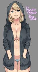 Rule 34 | 1girl, 2020, agawa ryou, blonde hair, breasts, collarbone, commentary, cowboy shot, dated, female focus, grey background, grey eyes, hands in pockets, hood, hoodie, large breasts, lips, midriff, navel, no bra, original, panties, short hair, signature, simple background, smile, solo, standing, striped clothes, striped panties, thigh gap, thighs, underwear