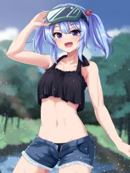 Rule 34 | 1girl, :d, alternate costume, arm up, armpit peek, bare arms, bare shoulders, blue eyes, blue hair, blurry, blurry background, blush, breasts, cloud, collarbone, commentary request, contrapposto, cowboy shot, crop top, day, denim, denim shorts, dot nose, goggles, goggles on head, happy, highres, kawashiro nitori, light particles, long hair, looking at viewer, medium breasts, midriff, navel, open fly, open mouth, outdoors, remiria100, short shorts, shorts, sky, smile, solo, sunlight, touhou, tree, twintails
