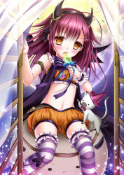 Rule 34 | 1girl, candy, cat, demon tail, demon wings, hair ornament, hairband, hairclip, halloween, holding, licking, lollipop, long hair, looking at viewer, navel, original, purple hair, shitou, sitting, tail, wings, yellow eyes