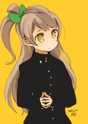 Rule 34 | 1girl, bow, brown hair, closed mouth, dated, long hair, love live!, minami kotori, mota, simple background, solo, yellow eyes