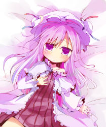 Rule 34 | 1girl, bad id, bad pixiv id, bare shoulders, blush, chibi, female focus, from above, hat, long hair, lying, off shoulder, on back, patchouli knowledge, purple eyes, purple hair, solo, touhou, yatani row